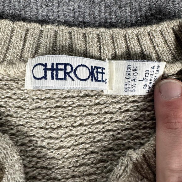 Vintage Cherokee Sweater Mens Large Creme Cotton Made in USA 80s Fishermans Knit - Picture 2 of 6